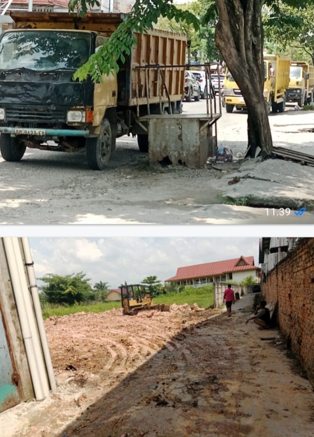Aktivitas Penimbunan siang hari, jalan Riau makin macet, rawan kecelakaan dan Jalan ke SDN 137 Becek